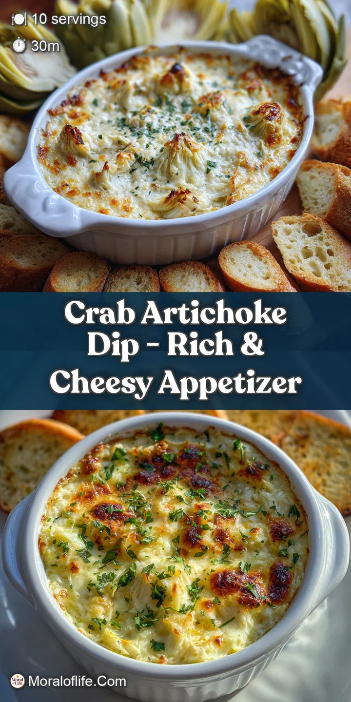 Close-up of warm, creamy crab dip with visible chunks of artichoke and crab, enticingly browned on top.