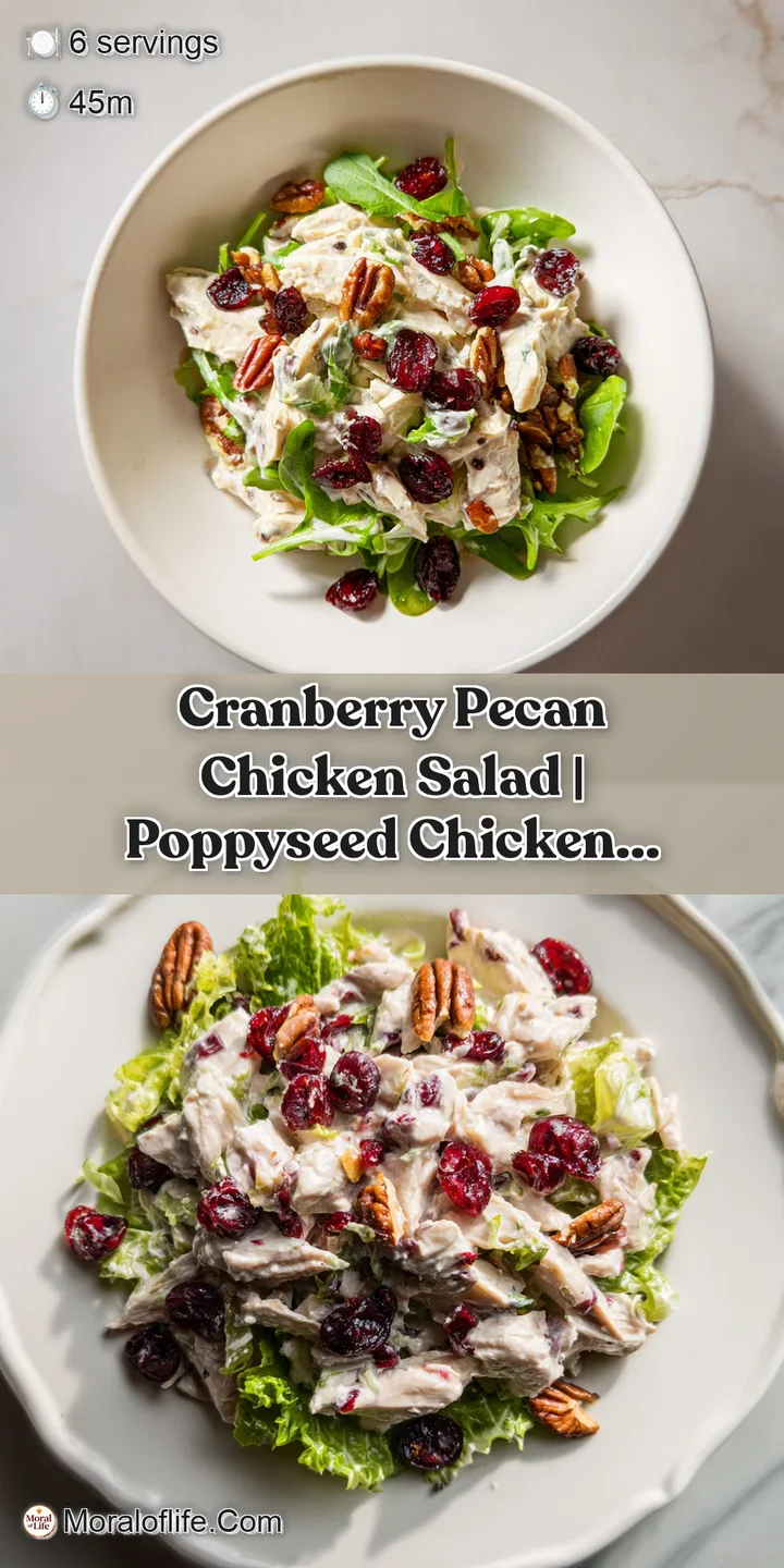 Close-up of creamy chicken chunks, glossy red cranberries, and crunchy brown pecan halves with a glossy finish.