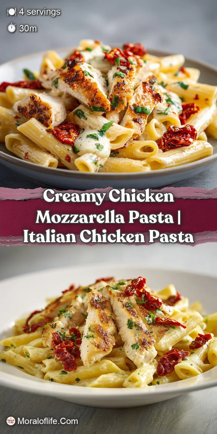 Close-up of gooey melted mozzarella stretching over tender golden chicken and pasta coated in a silky cream sauce.