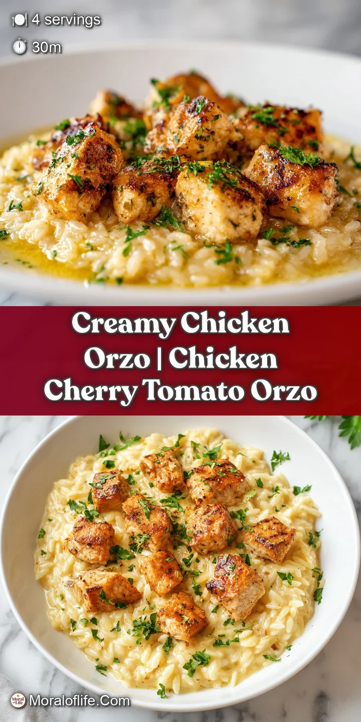 Appetizing close-up of velvet-smooth creamy sauce coating tender chicken and rice-shaped pasta with fresh herbs.