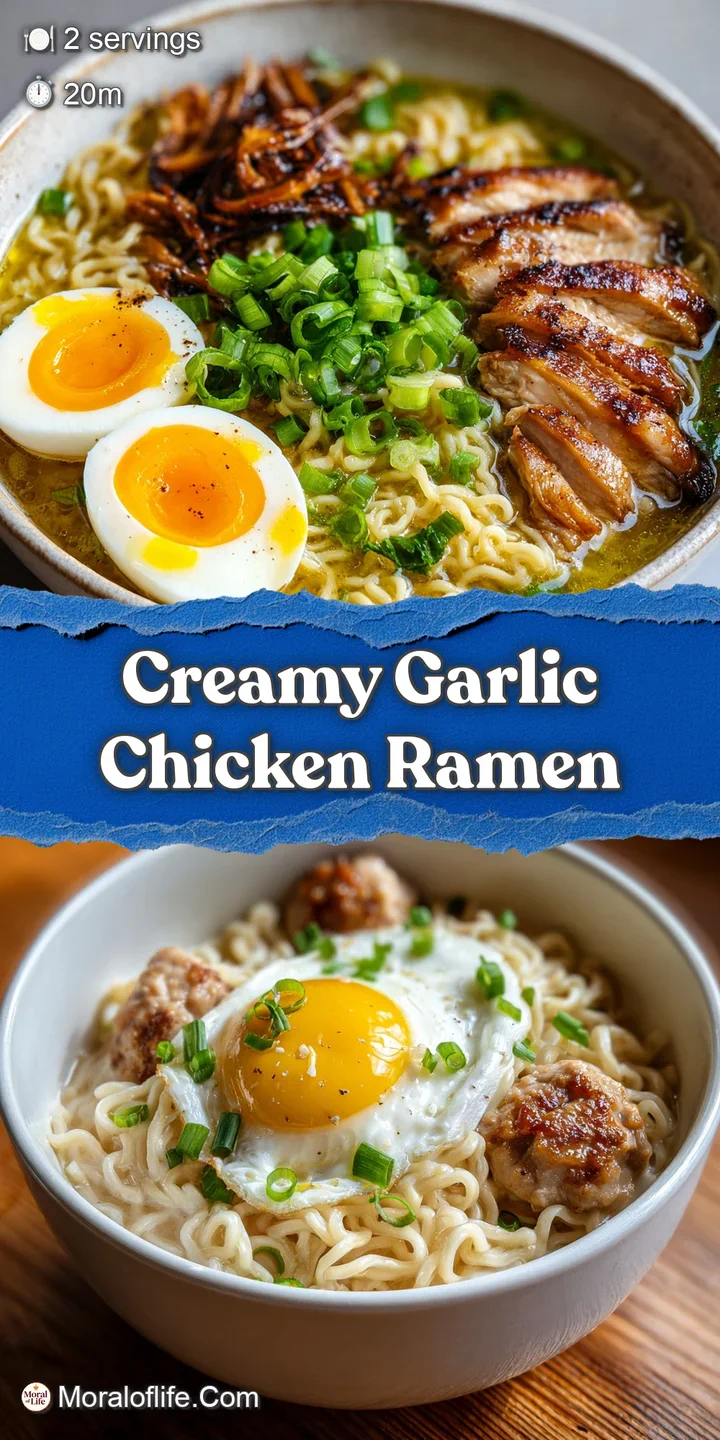 Close-up of creamy ramen broth clinging to noodles and chicken, sprinkled with vibrant green herbs. Steaming hot and invit...