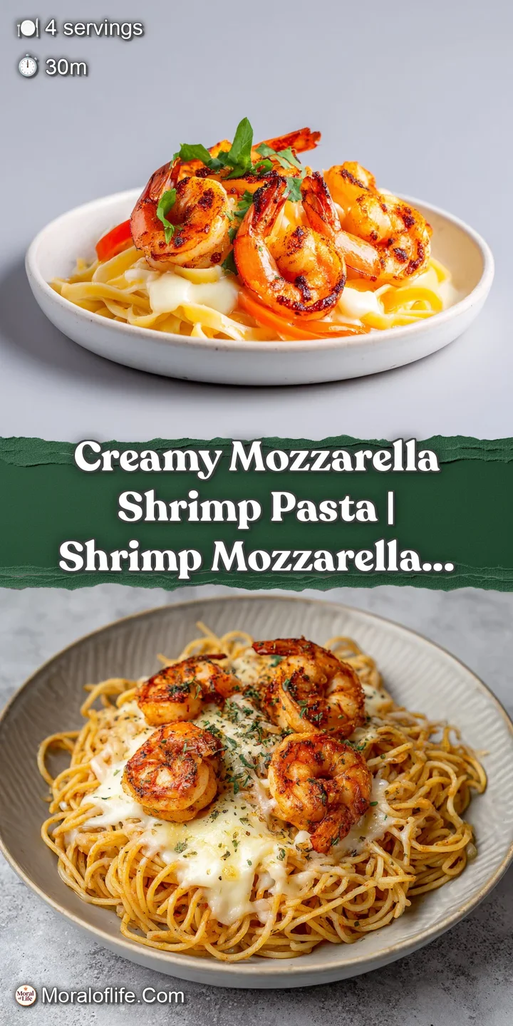 Close-up of tender shrimp and al dente pasta coated in a rich, creamy white sauce with stretchy mozzarella.