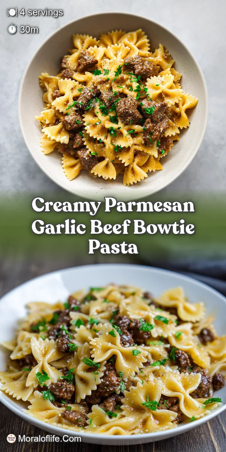 Close-up of luscious pasta with browned beef, glistening from its creamy sauce, with a generous dusting of parmesan.