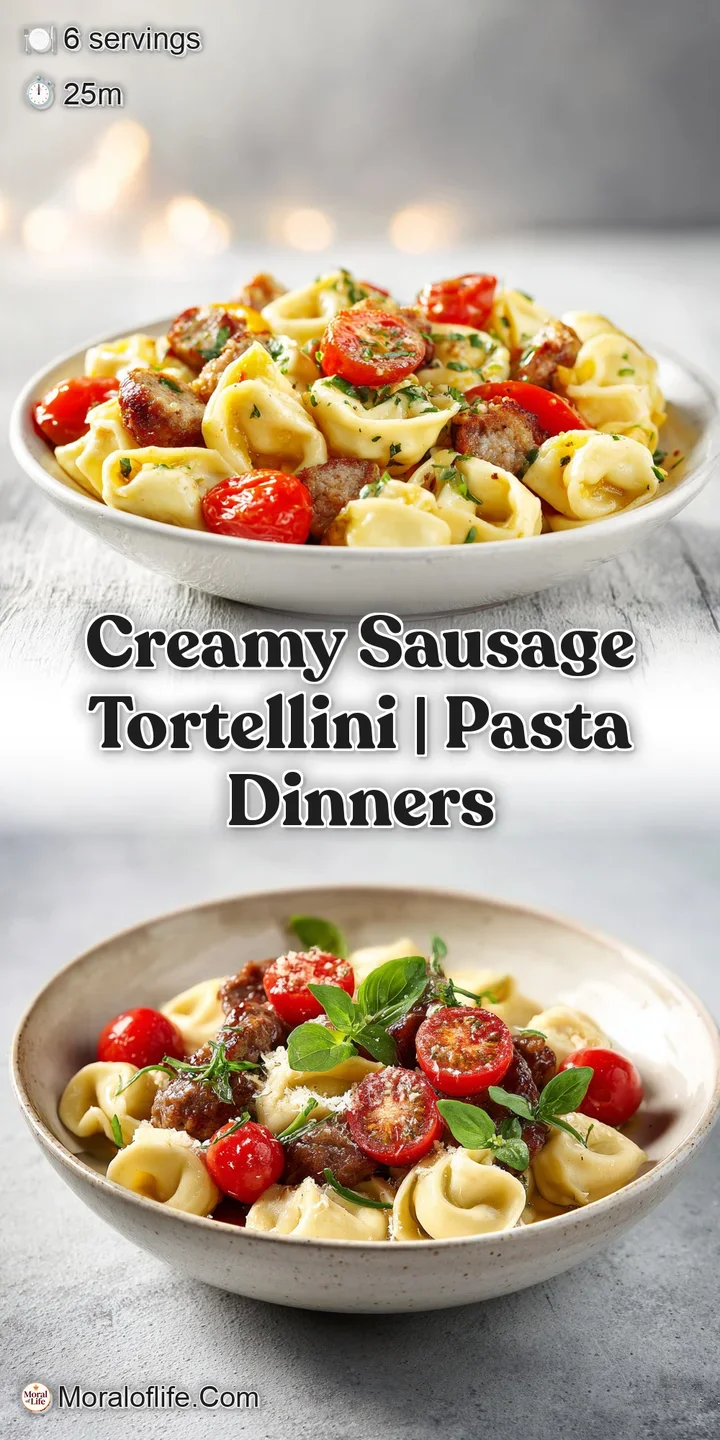Macro shot of tender pasta rings coated in a glossy, ivory cream sauce with savory browned sausage and black pepper.