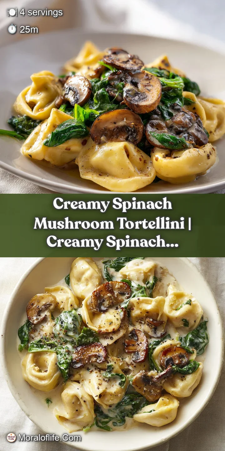 Close-up of a silky, creamy sauce coating soft pasta folds, mixed with tender spinach and seared brown mushrooms.