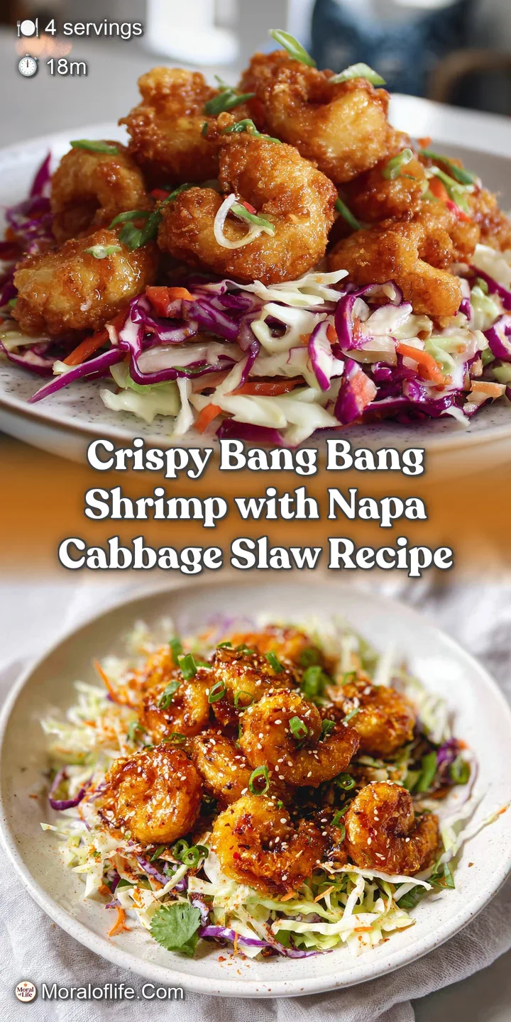 Close-up of succulent Bang Bang shrimp. Crispy coating visible, dripping with rich, tangy sauce. Napa cabbage slaw underne...