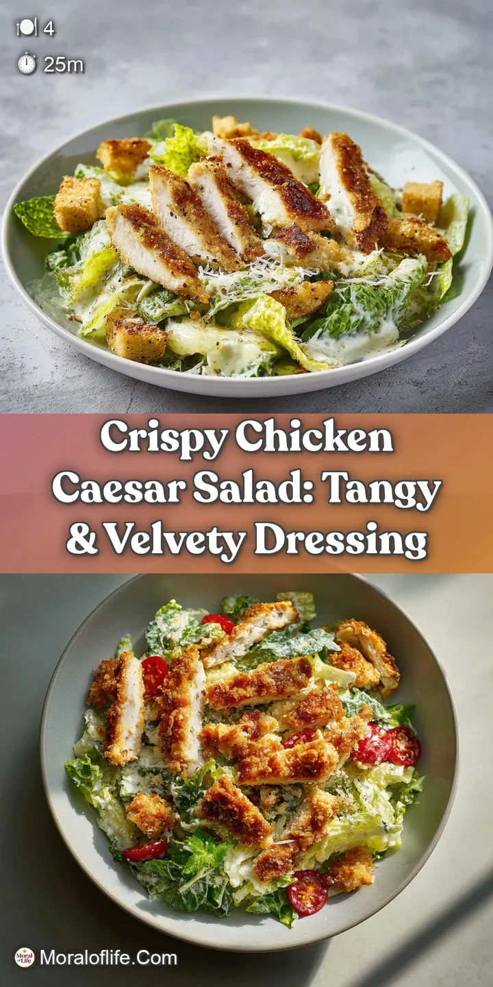 Close-up of a Crispy Chicken Caesar Salad; golden chicken, vibrant green lettuce, and a glistening, creamy dressing invite...