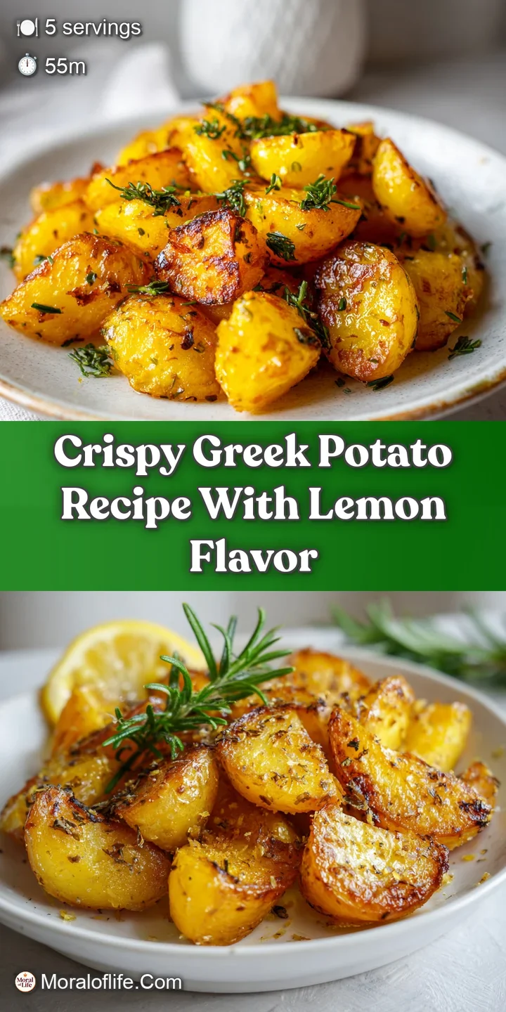 Close-up of a Greek potato: intensely crispy, flaky texture, kissed with herbs and bright lemon zest. Irresistibly inviting.