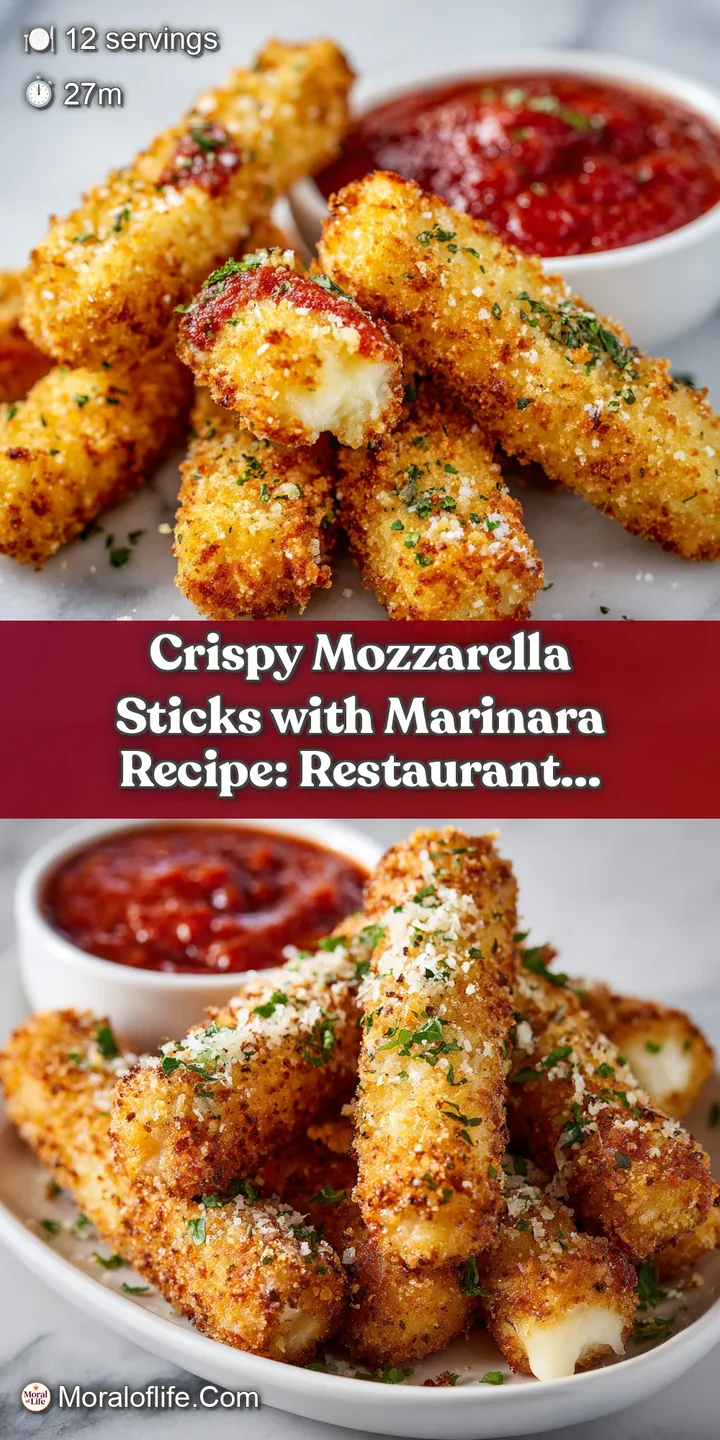 Close-up of a perfectly fried mozzarella stick, with melted cheese stretching and dripping, next to a bright red marinara ...