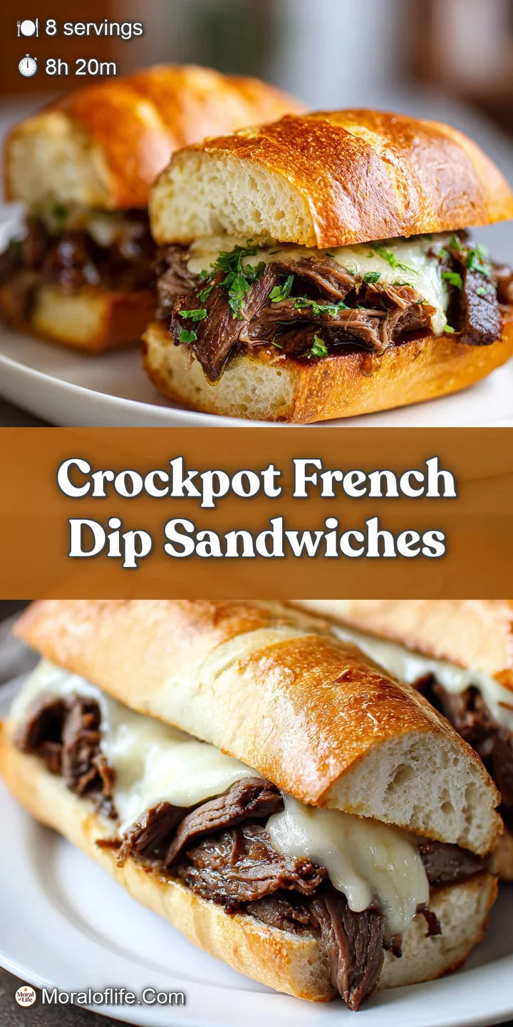 Close-up of a crusty roll piled high with tender, shredded beef and gooey, melted cheese, ready to be dipped in rich, dark...