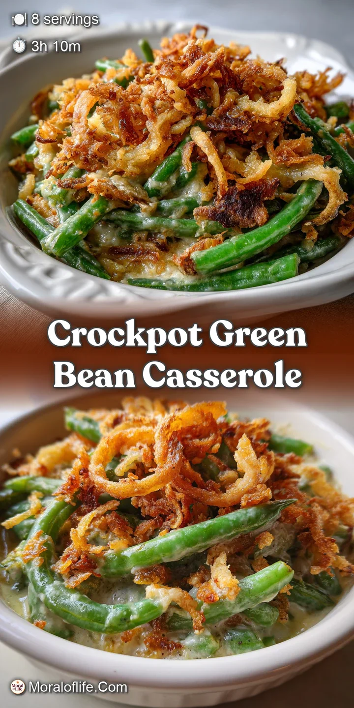 Close-up of green bean casserole showcasing creamy sauce, tender green beans, and salty bacon crumbles. Golden, bubbly, an...