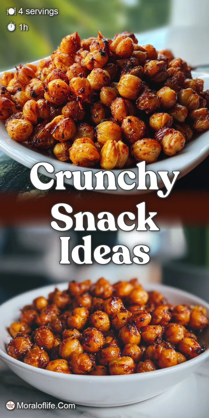 Close-up view of crispy roasted chickpeas, revealing a deep golden hue and rough, textured surface, seasoned with visible ...