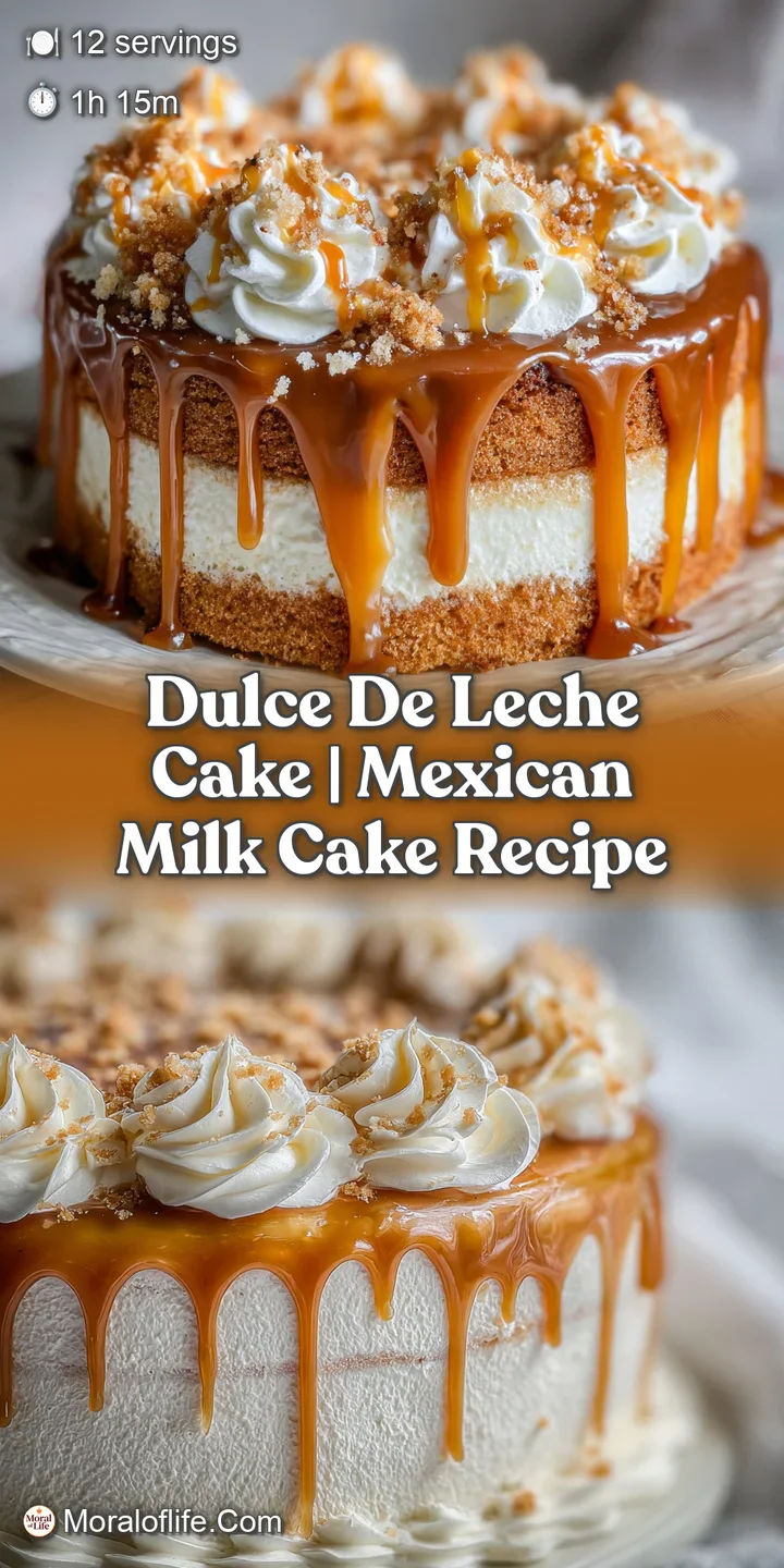 Close-up of a decadent tres leches cake slice; creamy, milk-soaked sponge with luscious caramel ribbons and sweet whipped ...