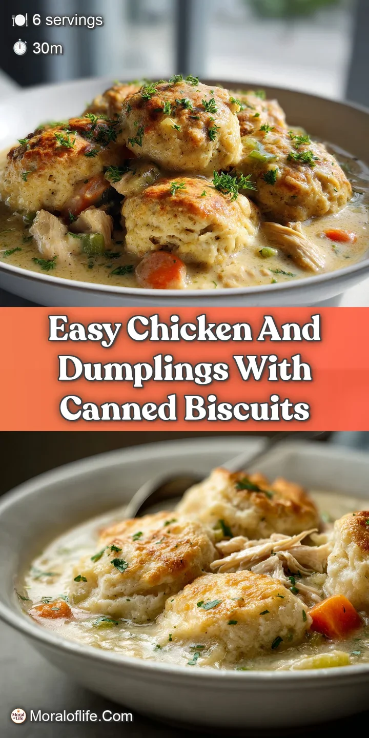 Close-up of chicken and dumplings: tender shredded chicken, plump dumplings, and a rich, creamy sauce, speckled with herbs.