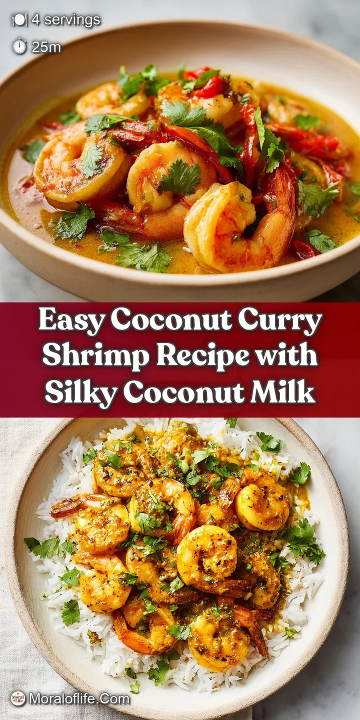 Close-up of creamy coconut curry with juicy shrimp, showcasing the rich sauce and colorful garnish of fresh green herbs.