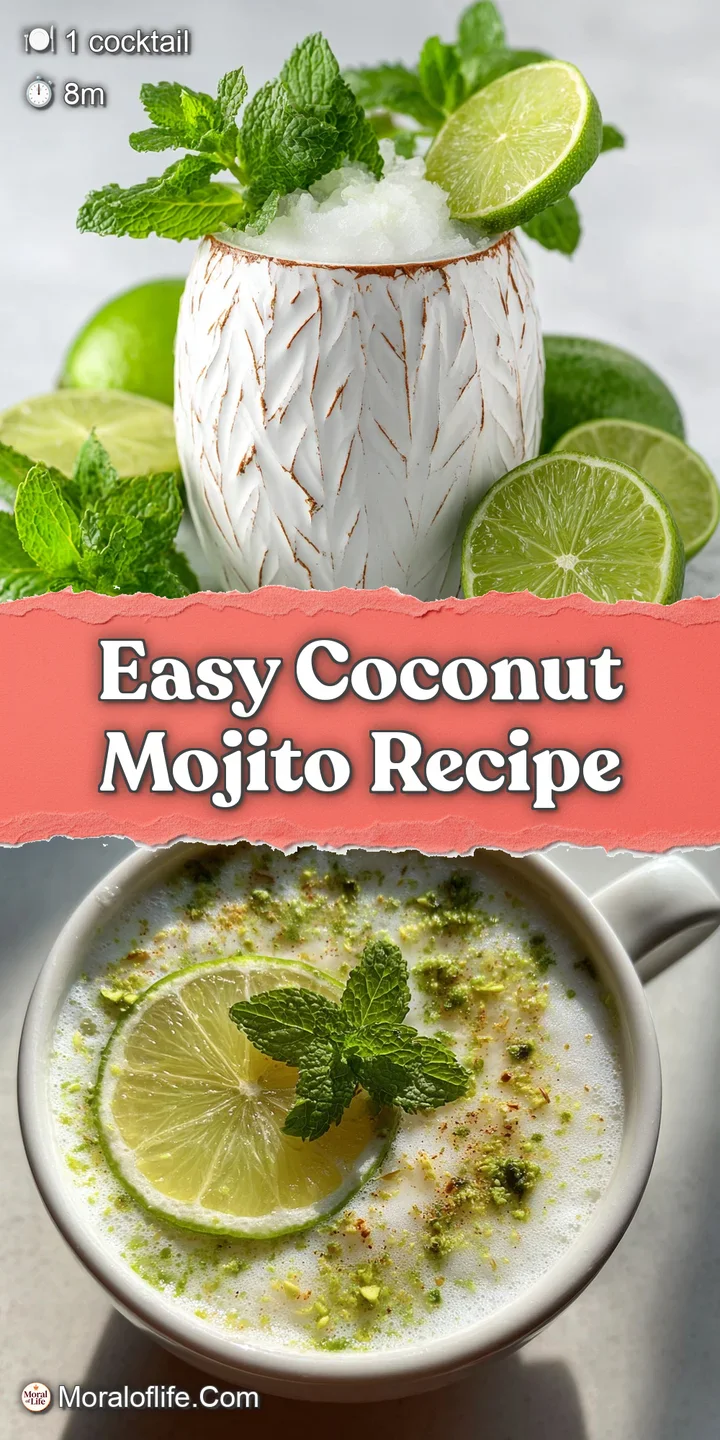 Close-up of a creamy white coconut mojito. Mint leaves peek from the rim, with a lime wedge providing a burst of green and...