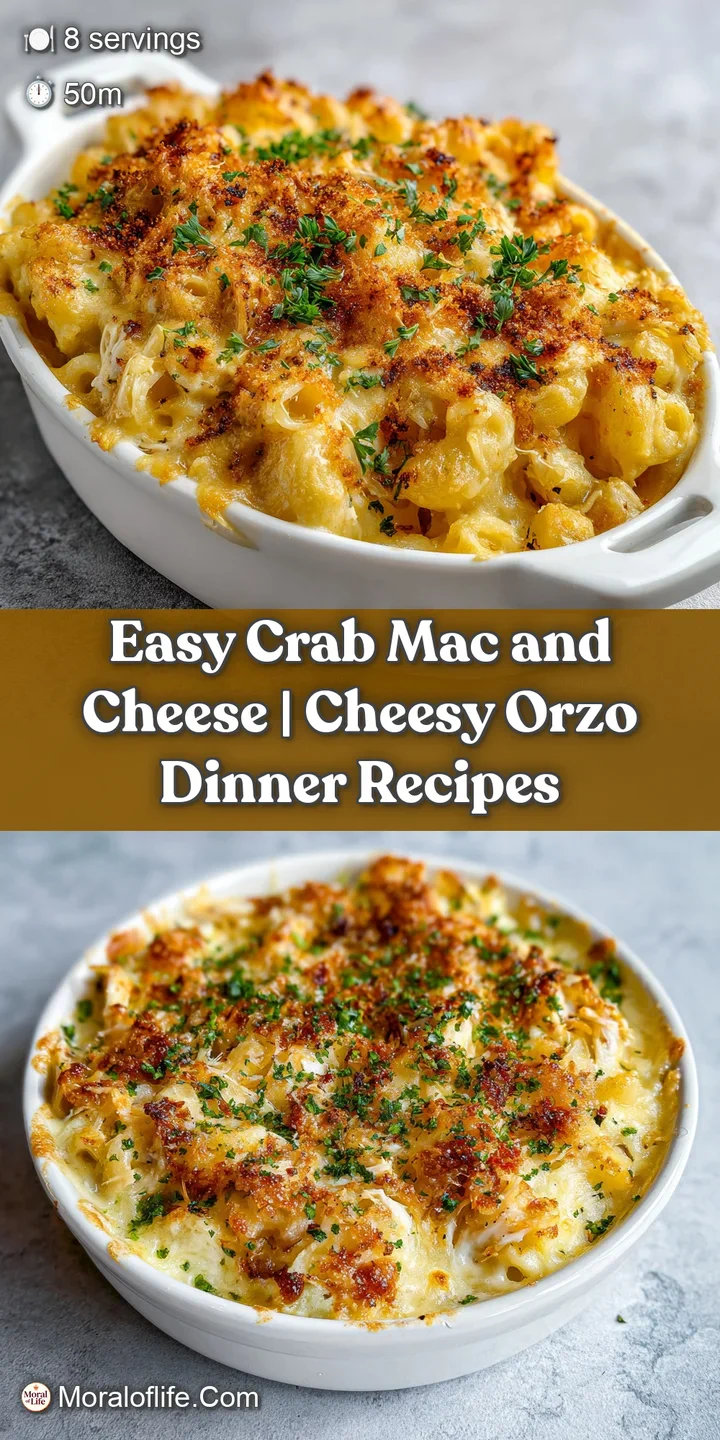 Close-up of rich crab mac and cheese, showcasing the creamy texture, tender pasta, and flaky crab meat.