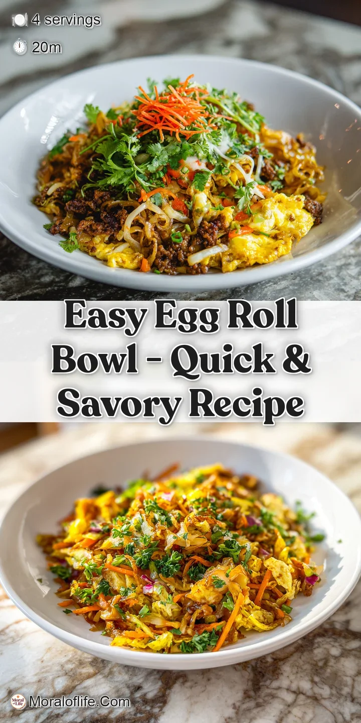 Close-up of a flavorful egg roll bowl with tender ground meat, crisp vegetables, and a glistening savory sauce.