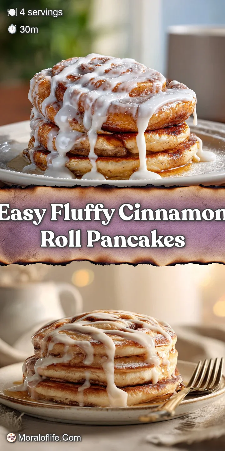 Close-up of fluffy pancake layers with gooey cinnamon filling. Icing glistens invitingly. Warm, comforting breakfast food ...