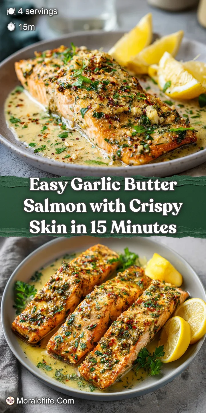 Close-up of glistening salmon skin, beautifully crisp and golden. A pool of melted garlic butter sauce reflects the light,...