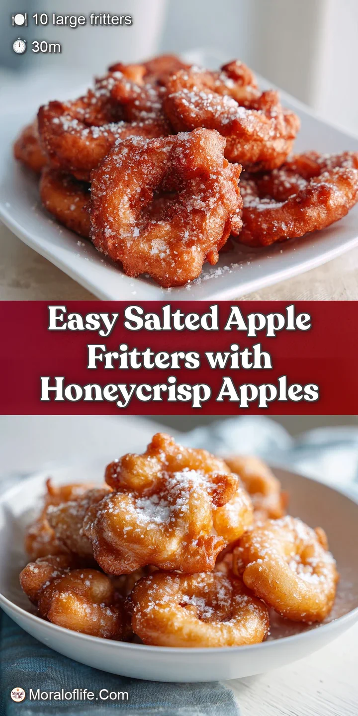 Close-up of a warm, crispy apple fritter. Visible chunks of apple and a glistening sugar coating create a tempting bite.