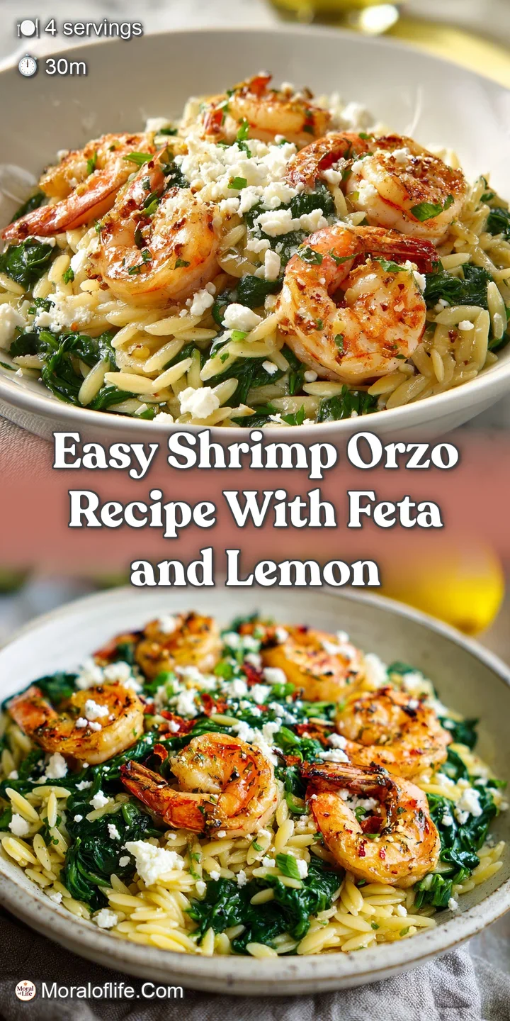 Close-up of glistening shrimp nestled in orzo, with crumbled feta adding salty, tangy appeal. A truly appetizing dish.