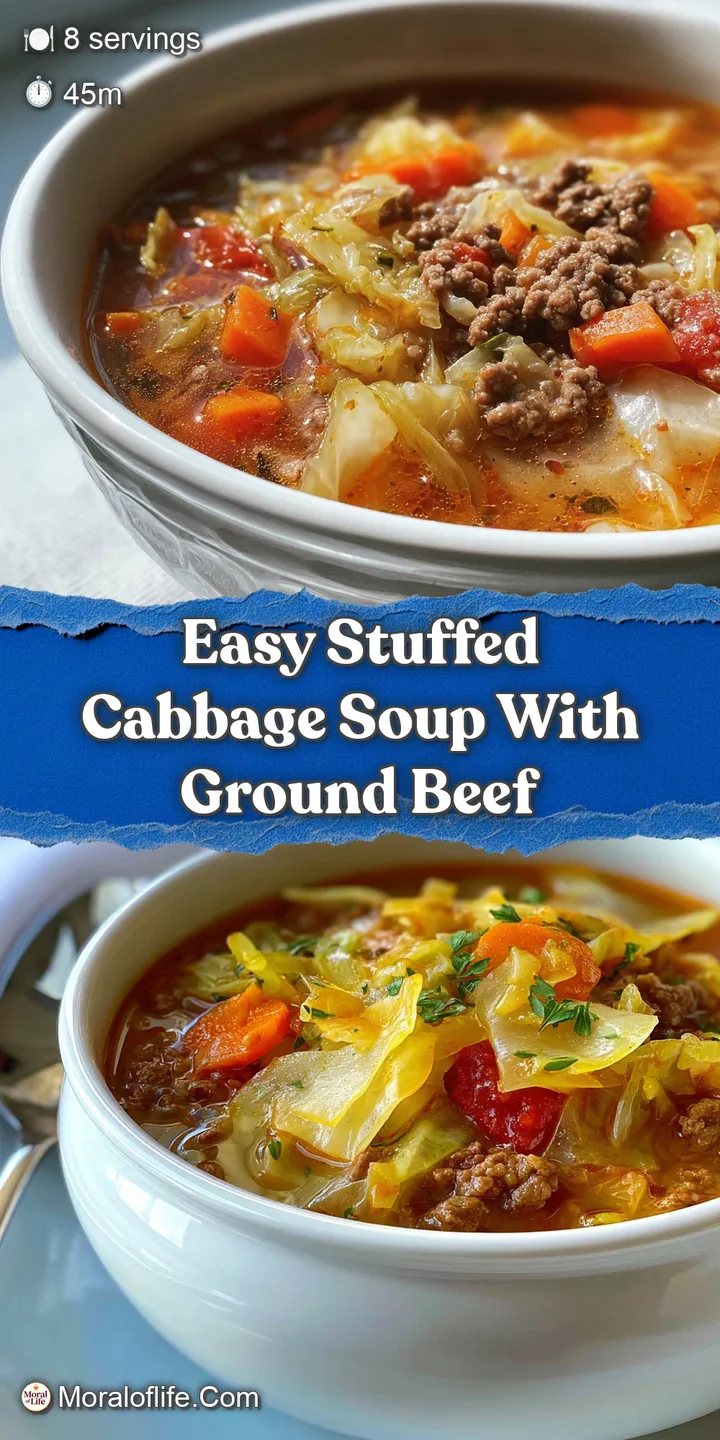 Close-up view of a cabbage roll in tomato soup: tender cabbage leaves, ground meat filling, and glistening broth with herb...