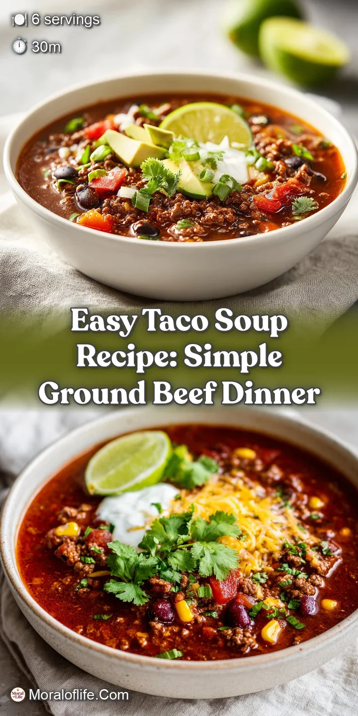 Close-up of delicious taco soup showcasing tender ground beef, colorful corn, and diced tomatoes simmering in a flavorful,...