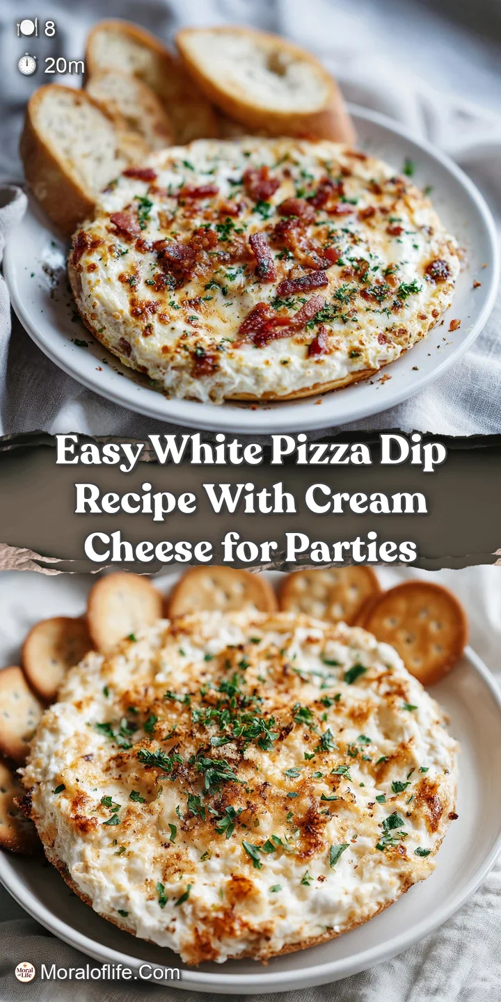 Close-up of warm, cheesy white pizza dip; golden, browned top with fresh herbs and dollops of creamy ricotta cheese.