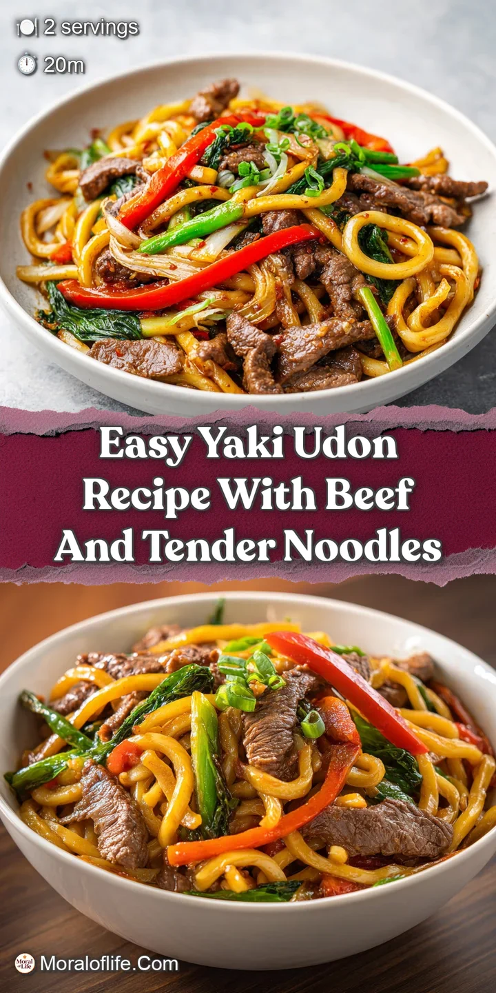 Close-up showcasing the rich, dark sauce coating thick udon noodles, tender beef, and crisp-tender vegetables. Glistening ...