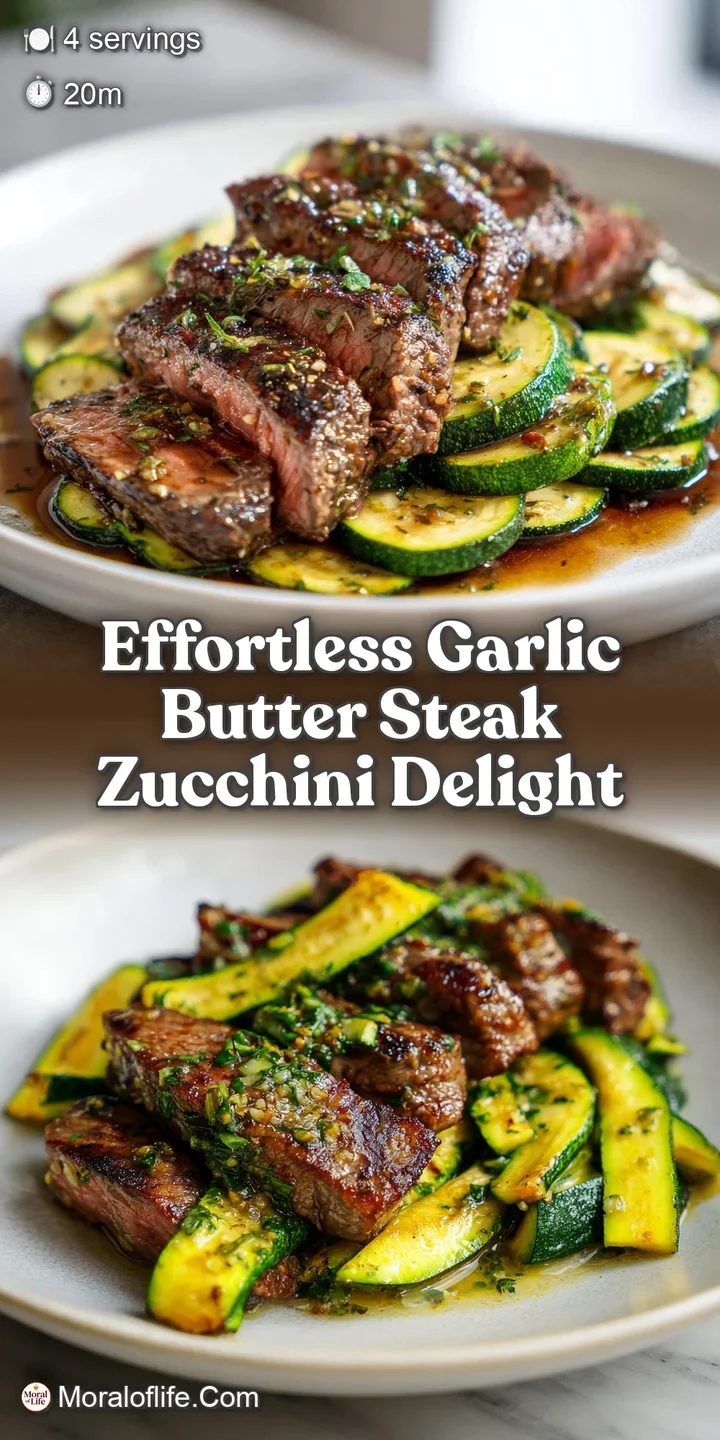 Close-up of juicy steak slices glistening with melted garlic butter, flecks of herbs, and charred zucchini edges are visible.