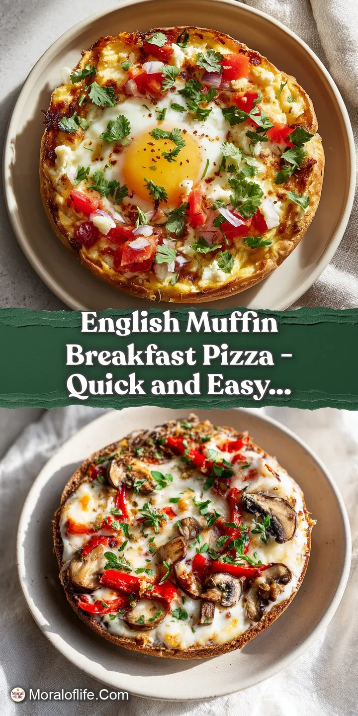 Close-up of a warm, cheesy English muffin breakfast pizza with a perfectly cooked egg yolk.