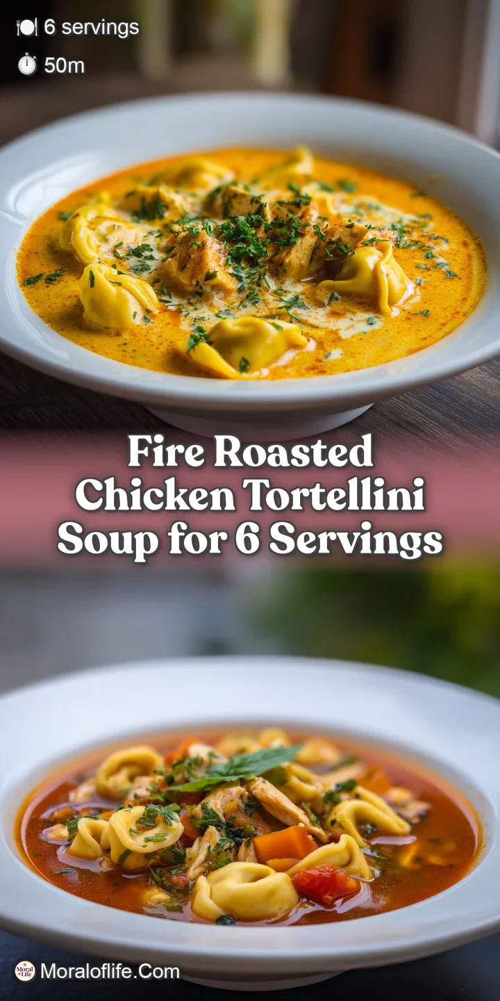 Close-up of chicken tortellini soup highlighting the tender chicken, colorful vegetables, and plump tortellini in a savory...