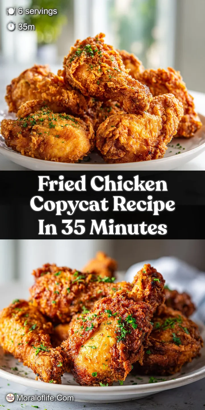 Close-up shot of juicy fried chicken, showing the flaky, golden-brown crust and glistening surface. Hints of steam suggest...