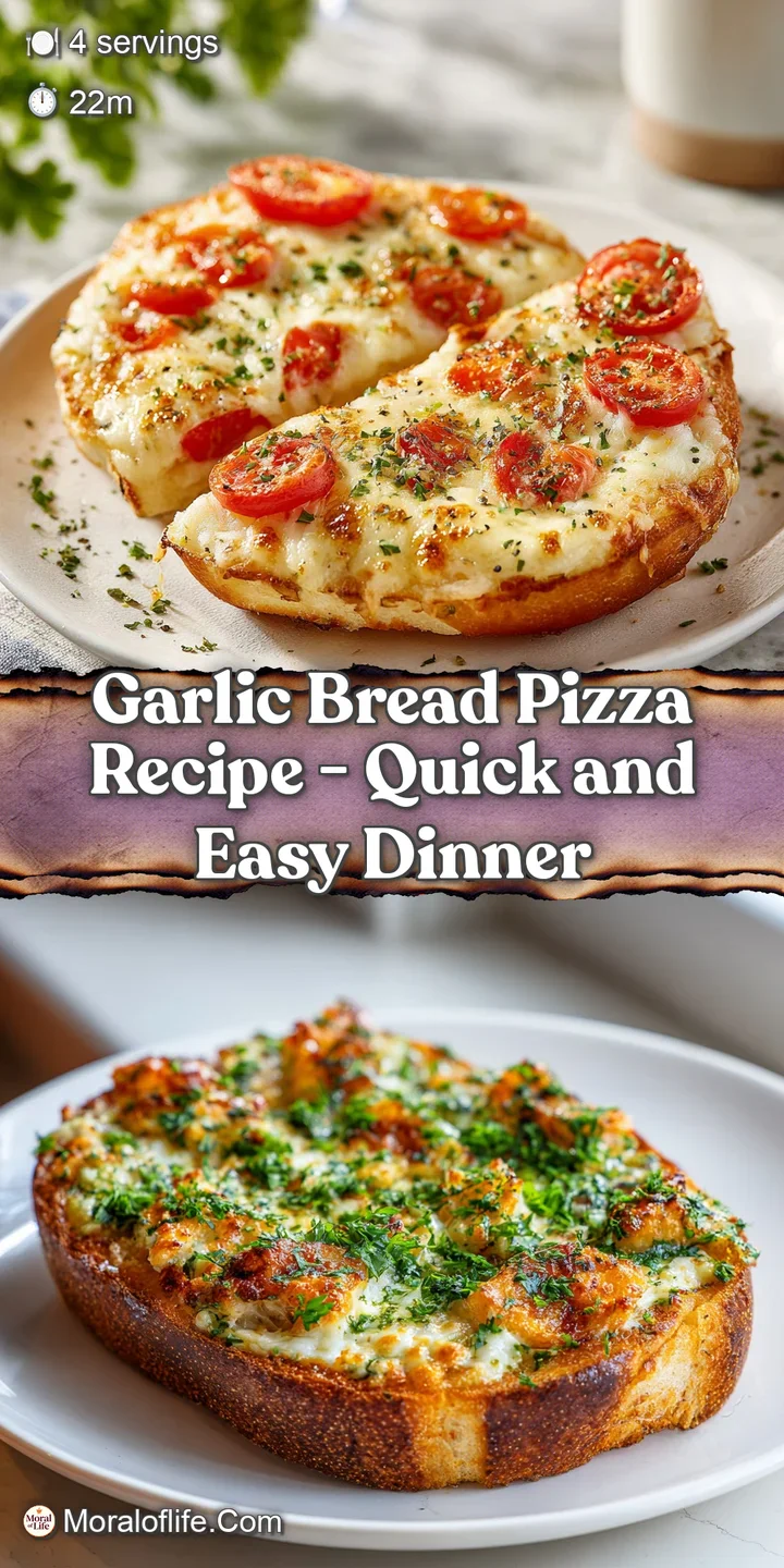 Close-up shot of a slice of garlic bread pizza showcasing melted cheese pull and golden-brown, crispy garlic bread crust.