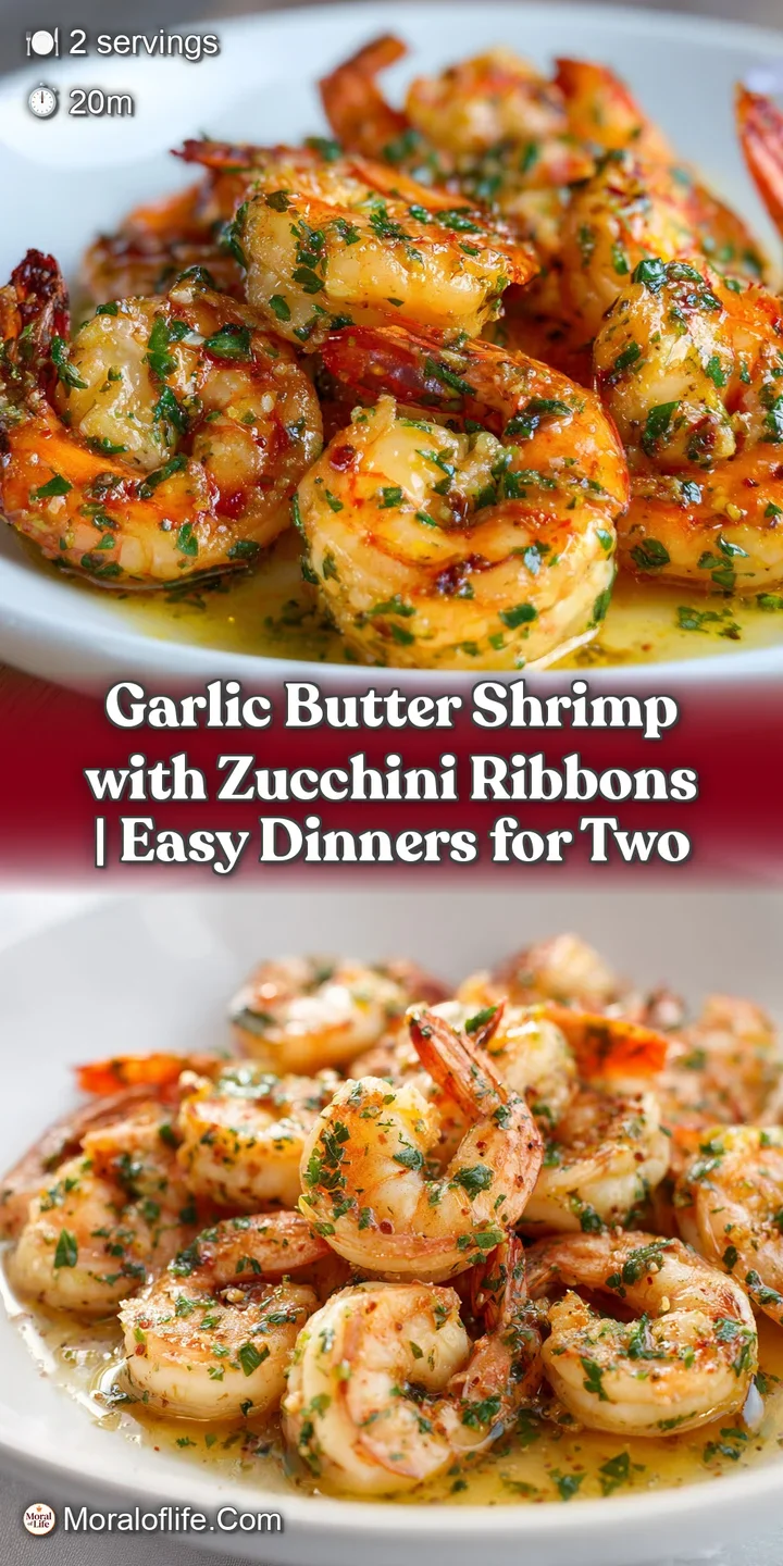 Close-up: Juicy shrimp bathed in garlicky sauce, contrasted by the vibrant green and delicate texture of the zucchini ribb...