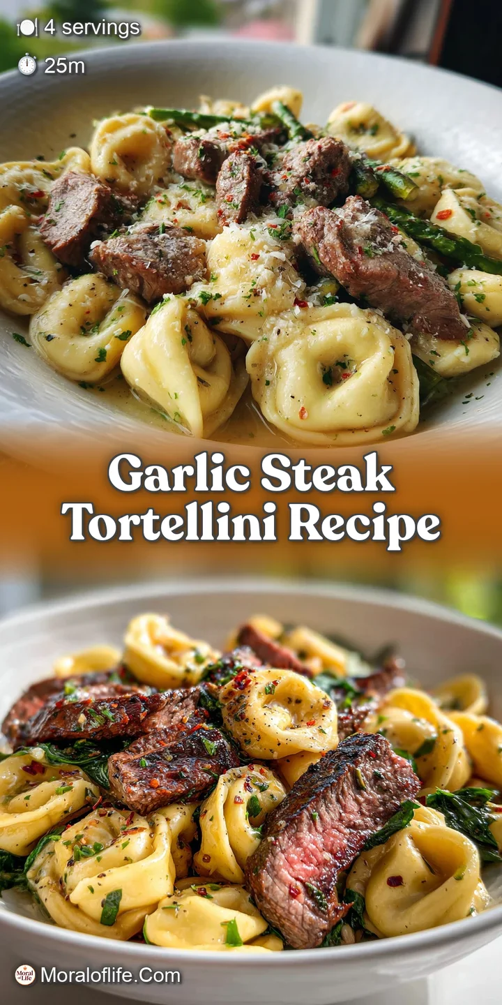 Close-up of tender steak and plump tortellini coated in rich, savory sauce. The dish looks incredibly appetizing and flavo...