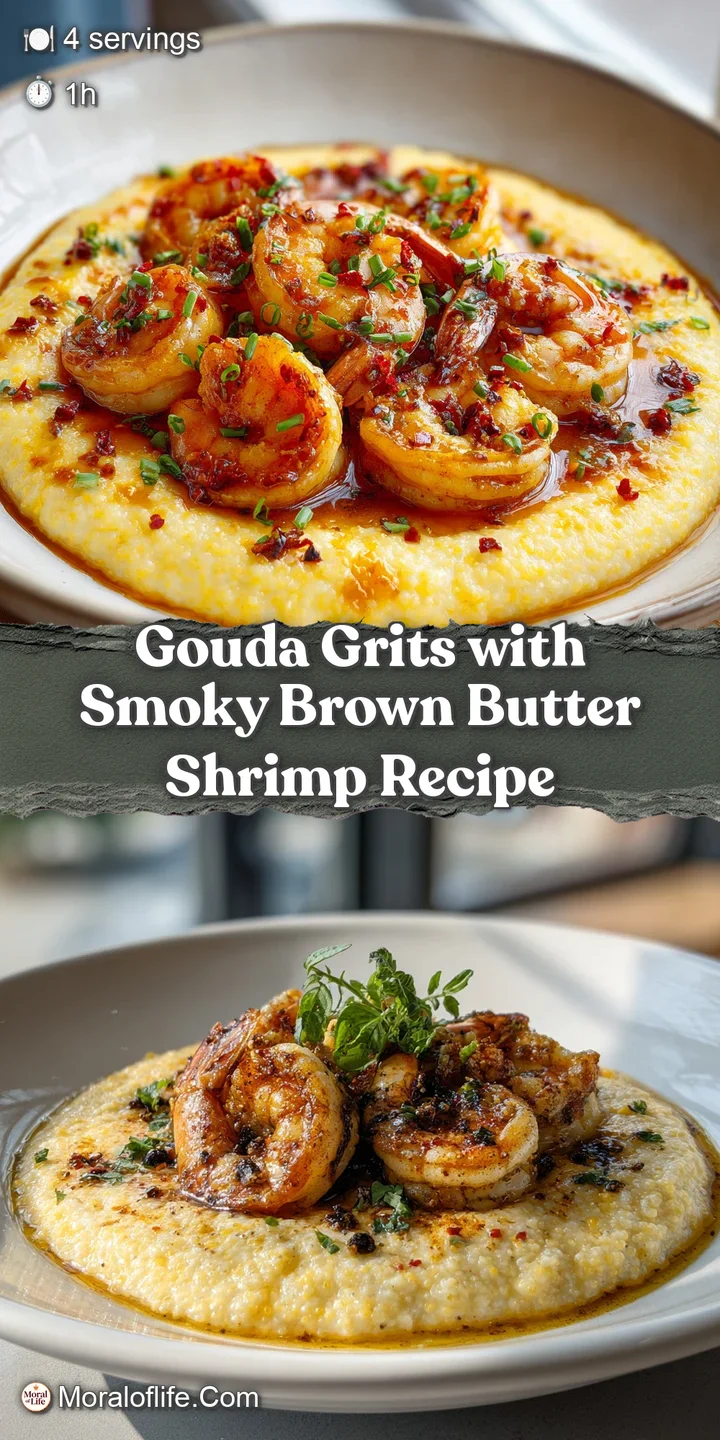 Close-up of glistening shrimp nestled in golden grits with flecks of browned butter and herbs, promising savory delight.