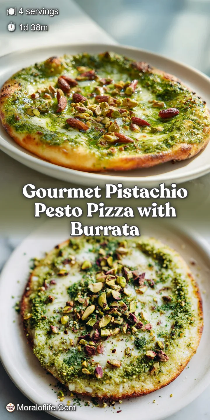 Close-up: pistachio pesto pizza with creamy, torn burrata. Swirls of vibrant green pesto peek from underneath. A tempting ...