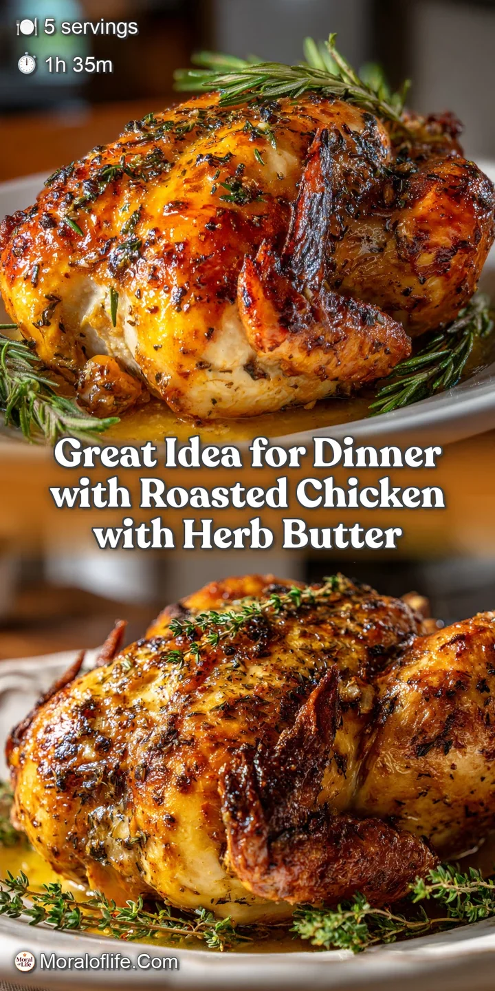 Close-up of perfectly roasted chicken skin, glistening & crackled. Herbs & vegetables add color. Warm, inviting, home-cook...