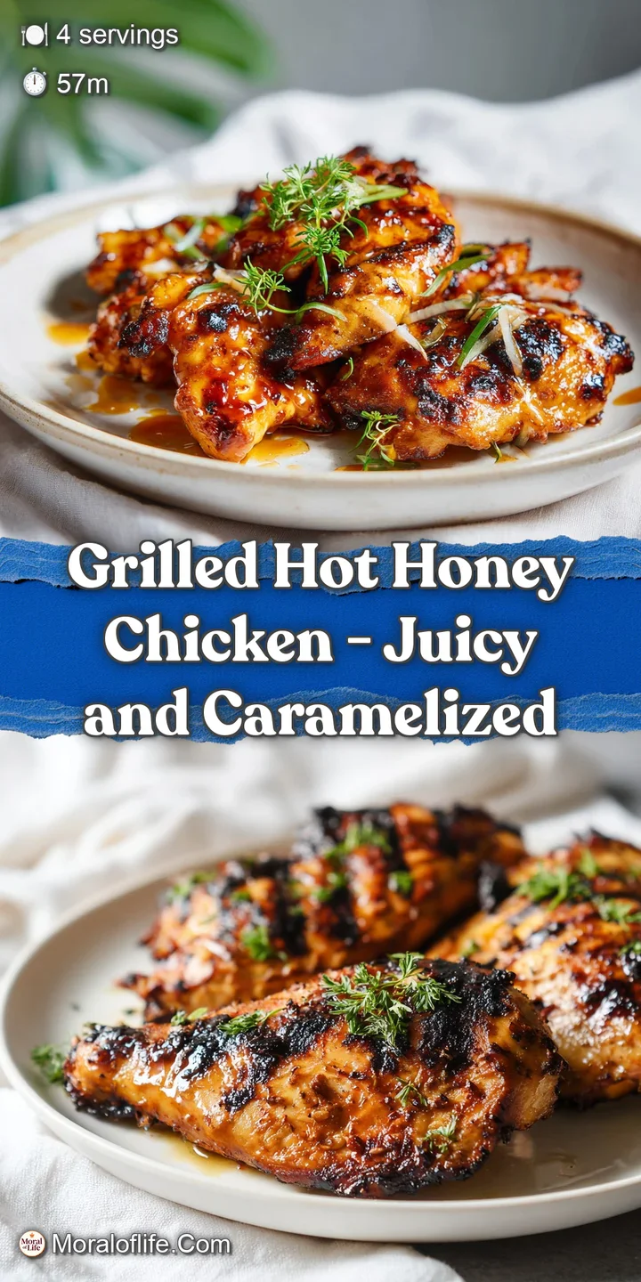 Close-up of juicy, glistening grilled chicken with a sticky hot honey glaze. Charred edges add texture.