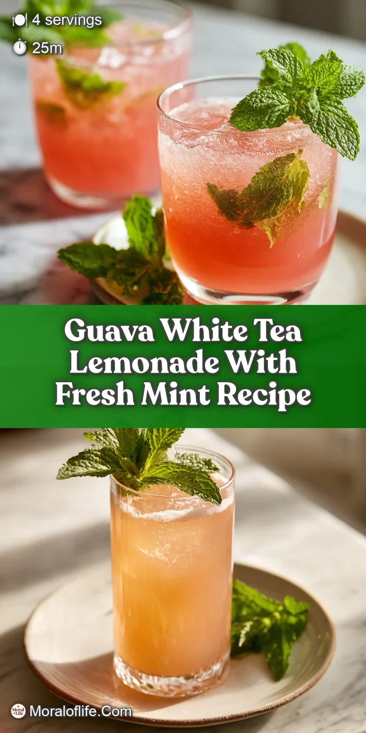 Close-up of guava lemonade: translucent pink liquid, ice cubes, and vibrant green mint leaves swirling invitingly within.