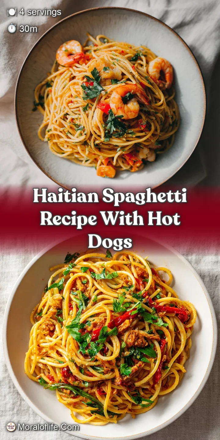 Close-up of glistening spaghetti, plump hot dog rounds, and a thick, flavorful tomato sauce.