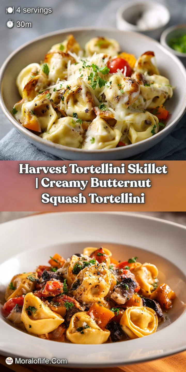 Close-up showcases the creamy, textured sauce coating plump cheese tortellini, studded with colorful, glistening roasted v...
