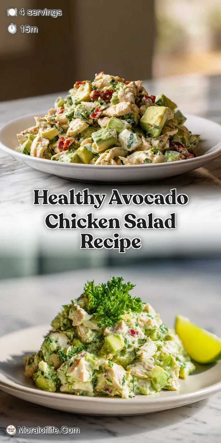 Close-up reveals the chunky texture of avocado chicken salad, with bright green avocado pieces and flecks of shredded chic...