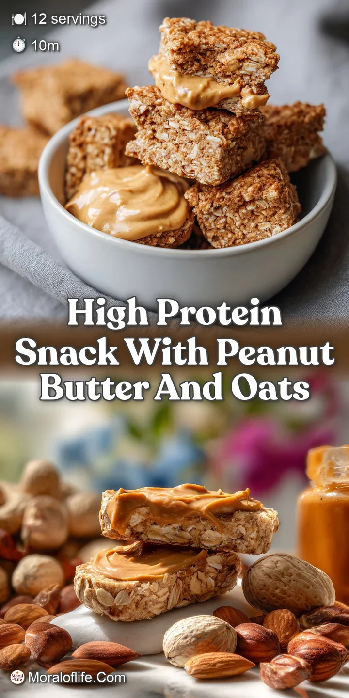 Close-up of a dense, textured oat bite with visible flakes and embedded peanuts. Swirls of peanut butter offer a shiny, de...