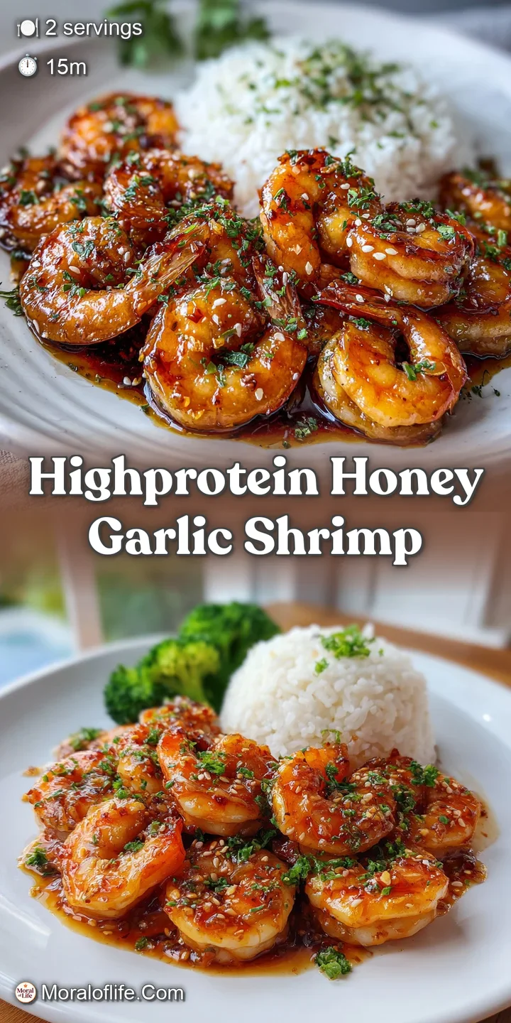 Close-up of tender shrimp with a sticky, caramelized honey garlic glaze. Notice the glistening sauce and the fresh, vibran...