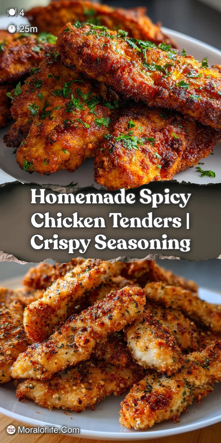 Close-up of a perfectly crisp, spicy chicken tender. Visible flakes of seasoning hint at the flavorful heat within the gol...