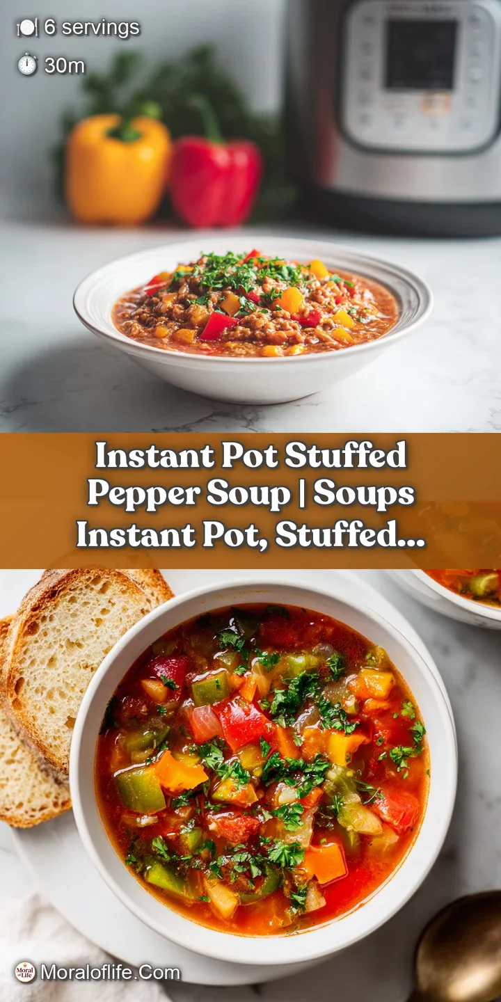 Close-up of a spoonful of stuffed pepper soup, revealing creamy texture and visible ingredients like beef and peppers.