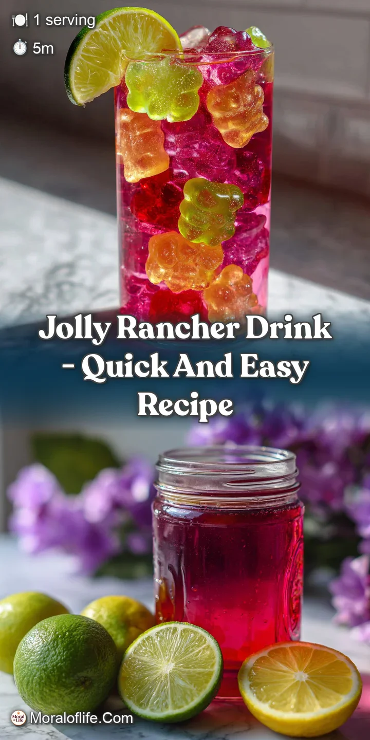 Close-up: Shimmering, translucent red Jolly Rancher vodka drink with condensation droplets clinging to the glass. Colorful...